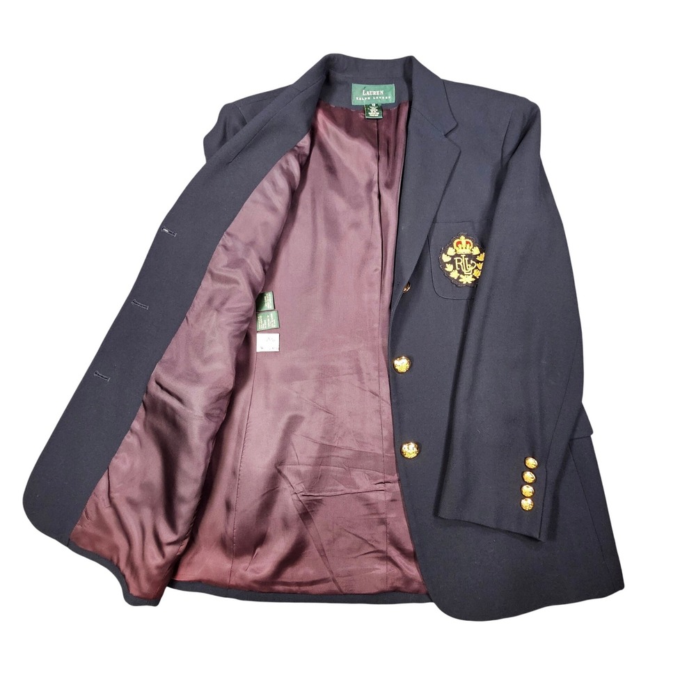 VTG Lauren Ralph Lauren Navy Wool Crest Blazer 12 USA Made Gold Button Preppy